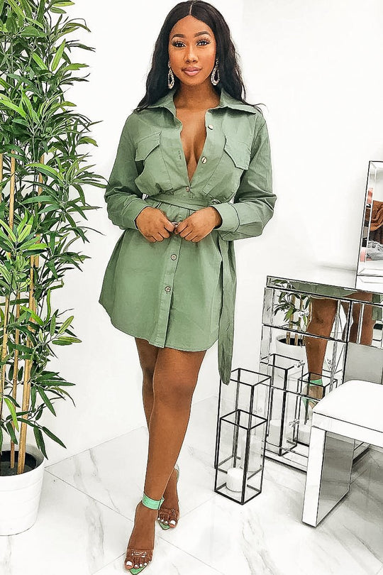 Khaki Button Up Belted Utility Dress - Abia