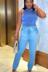 Light Blue Asymmetric Waist Straight Jeans - Galina