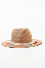 Beige Straw Rainbow Pom Pom Fedora - Kaliopi