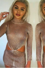 Rose Gold Metallic Knitted Cut Out Gathered Front Dress - Idah