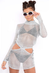 Silver Metallic Knitted Cut Out Gathered Front Dress - Idah