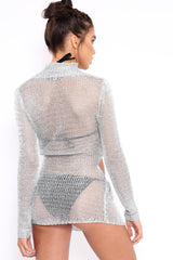 Silver Metallic Knitted Cut Out Gathered Front Dress - Idah