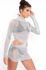 Silver Metallic Knitted Cut Out Gathered Front Dress - Idah