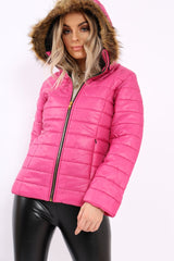 Fuchsia Shiny Puffer Coat with Fur Hood - Idy