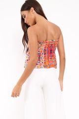 Multi Coloured Patterned Ruched Peplum Crop Top - Idiana