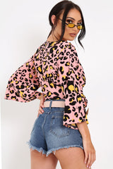 Pink Leopard Print Tie Front Shirt - Ikran