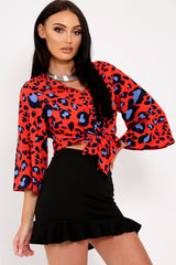 Red Leopard Print Tie Front Shirt - Ikran