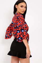 Red Leopard Print Tie Front Shirt - Ikran