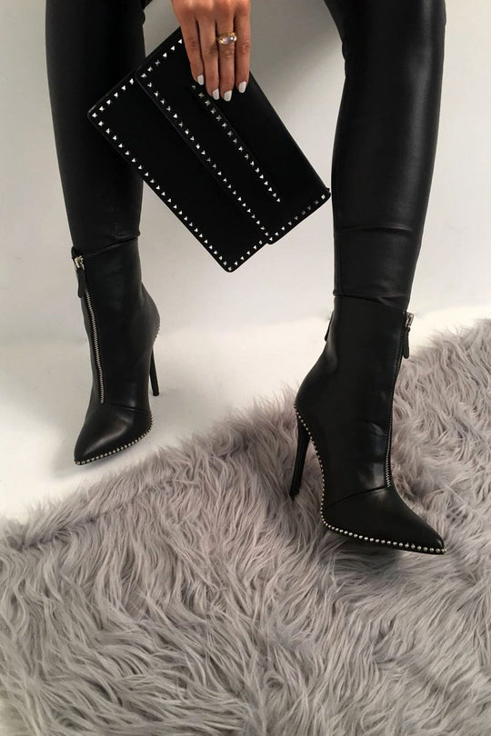 Black PU Studded Zip Up Shoe Boots - Niomi