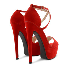 Red Suede Cross Over Strap Platform Heels - Martha