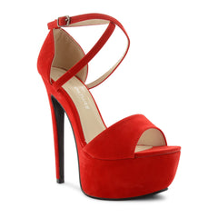 Red Suede Cross Over Strap Platform Heels - Martha