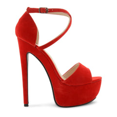 Red Suede Cross Over Strap Platform Heels - Martha
