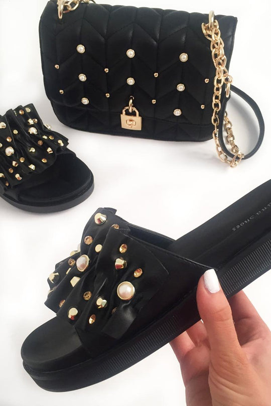 Black Embellished Frill Sliders - Kristan