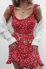 Red Floral Print Ruffle Dress - Linda