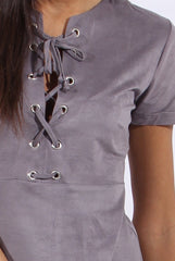 Grey Suede Lace Up Eyelet Skater Dress - Desire