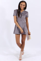 Grey Suede Lace Up Eyelet Skater Dress - Desire