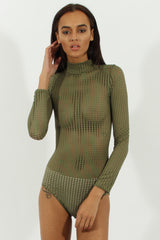 Khaki Mesh Airtex Long Sleeve Bodysuit - Halley