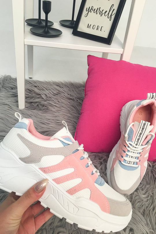 Pink Colour Block Slogan Tape Trainers - Jackelin