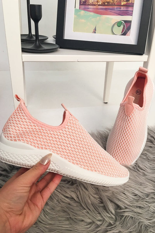 Pink Net Overlay Contrast Sole Slip On Trainers - Lissandra