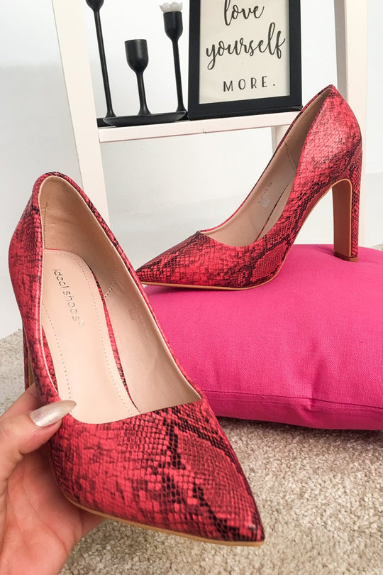 Red Snake Print Pointed Toe Heels - Becky