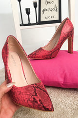 Red Snake Print Pointed Toe Heels - Becky