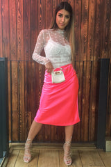 Neon Pink Satin High Waist Floaty Midi Skirt - Dasha