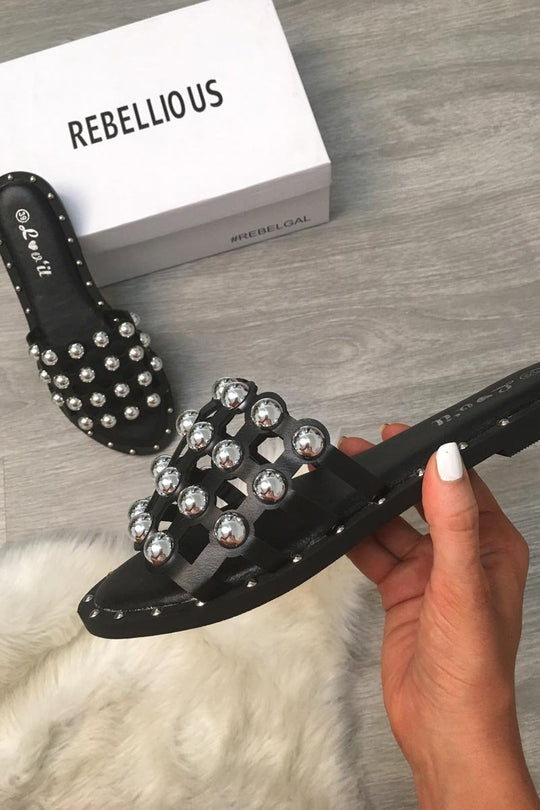Black Silver Stud Sandals  - Hadeel