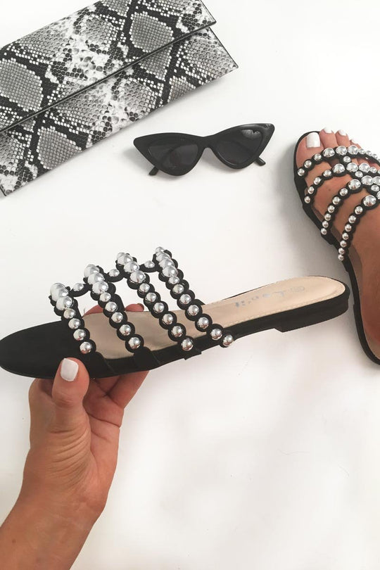 Black Studded Silver Ball Sandals - Nervie
