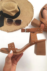 Camel Pu Studded Ankle Strap Heels -Lilias