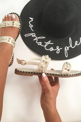 White Gold Studded Double Strap Sandals -Hadasa