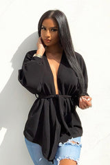Black Plunge Belted Blouse - Goldie