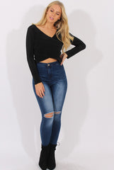 Black Pleated Wrap Over Crop Top - Imogen