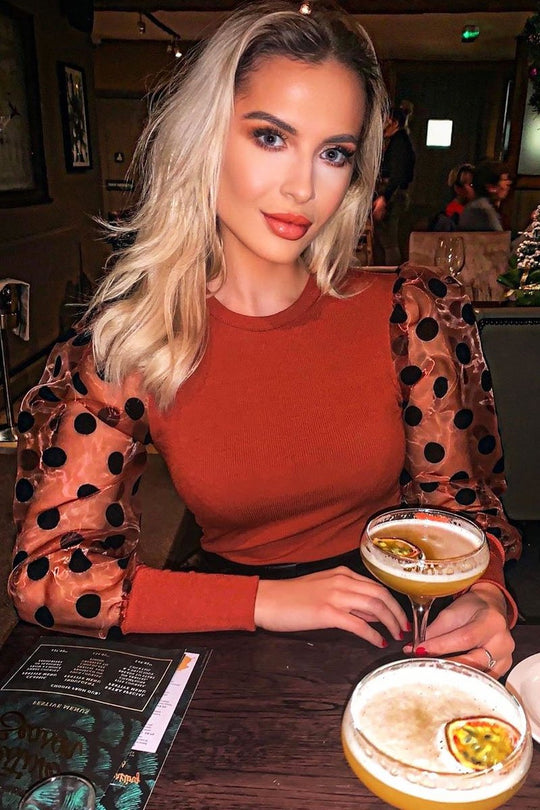 Rust Polka Dot Puff Sleeve Ribbed Top - Irisa