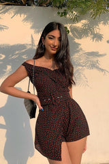 Black Red Polka Dot Belted Wrap Playsuit - Grace