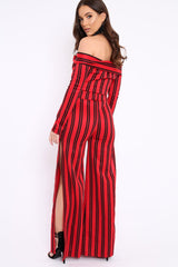 Red Stripe Bardot Ruffle Top and Trouser Set - Inas