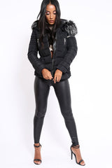 Black Quilted Coat with Fur Hood - Indee