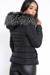 Black Quilted Coat with Fur Hood - Indee
