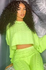 Neon Yellow Cable Knit Batwing Jumper Loungwear Set - Janea