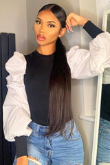 White Ribbed Shirt Puff Sleeve Top - Kayler