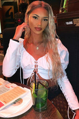 White Lace Up Front and Sleeves Milkmaid Crop Top - Zyria