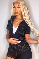 Black Lime Contrast Stitch Utility Belted Playsuit - Mina