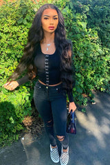 Black Polka Sleeve Eyelet Fastening Square Neck Top - Aayla