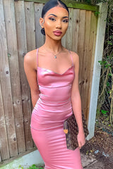 Light Pink Satin Cowl Neck Midi Bodycon Dress - Liliana