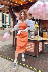 Rust Satin Straight Neck Tie Up Midi Dress - Irina