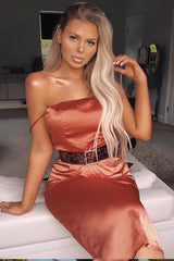 Rust Satin Straight Neck Tie Up Midi Dress - Irina