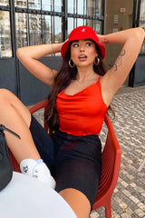 Red Satin Cowl Neck Lace Up Back Crop Top - Kamsi