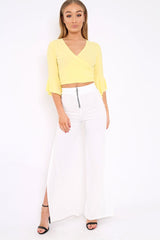 Yellow Wrap Tie Frill Flare Cuff Summer Crop Top - Isaac