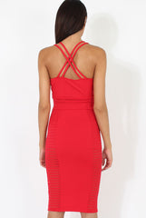 Red Strappy Ribbed Mesh Insert Midi Dress - Isabelle
