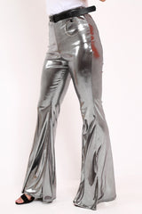 Silver Shiny Metallic High Waist Kick Flare Trousers - Islee