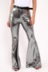 Silver Shiny Metallic High Waist Kick Flare Trousers - Islee